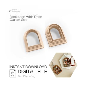 May include: A set of beige-colored bookcase and door-shaped cookie cutters. The image also includes a miniature bookcase keychain. Text on the image reads "Bookcase with Door Cutter Set" and "Instant Download Digital File For 3D printing".