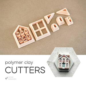 May include: A selection of polymer clay cutters in the shapes of house windows, arches, and triangles. The cutters are a pale peach colour and are arranged on a neutral background. The text "polymer clay CUTTERS" is displayed in a modern font.