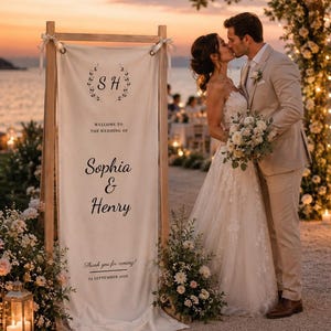 Wedding ceremony welcome banner with minimalist typography, hanging canvas sign on handcrafted wooden frame