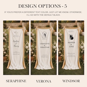 Handmade wooden wedding welcome stand with custom printed cloth banner, romantic wedding reception entrance display