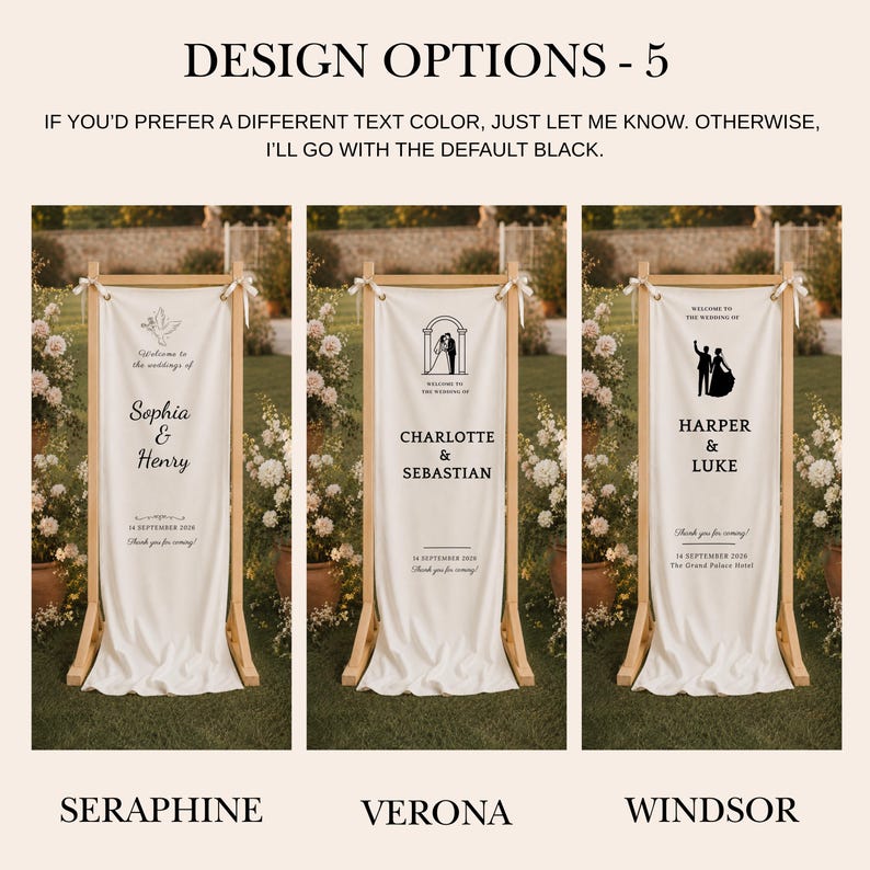Handmade wooden wedding welcome stand with custom printed cloth banner, romantic wedding reception entrance display