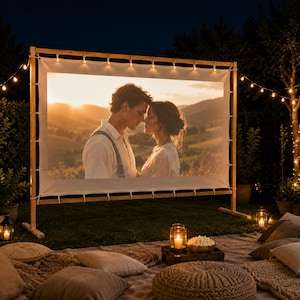 May include: A large rectangular outdoor movie screen with a wooden frame, displaying a projection of a couple standing in a landscape at sunset. The screen is secured with white ties and is illuminated by string lights in a dark outdoor setting.