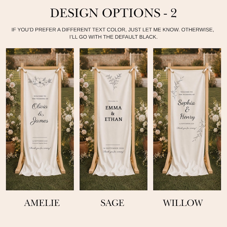 Custom canvas wedding sign on natural wood stand, elegant floral wedding entrance decoration for garden ceremonies