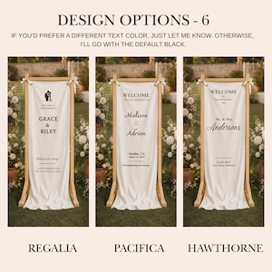 Luxury outdoor wedding sign with personalized fabric banner and wood frame, elegant floral ceremony backdrop decor