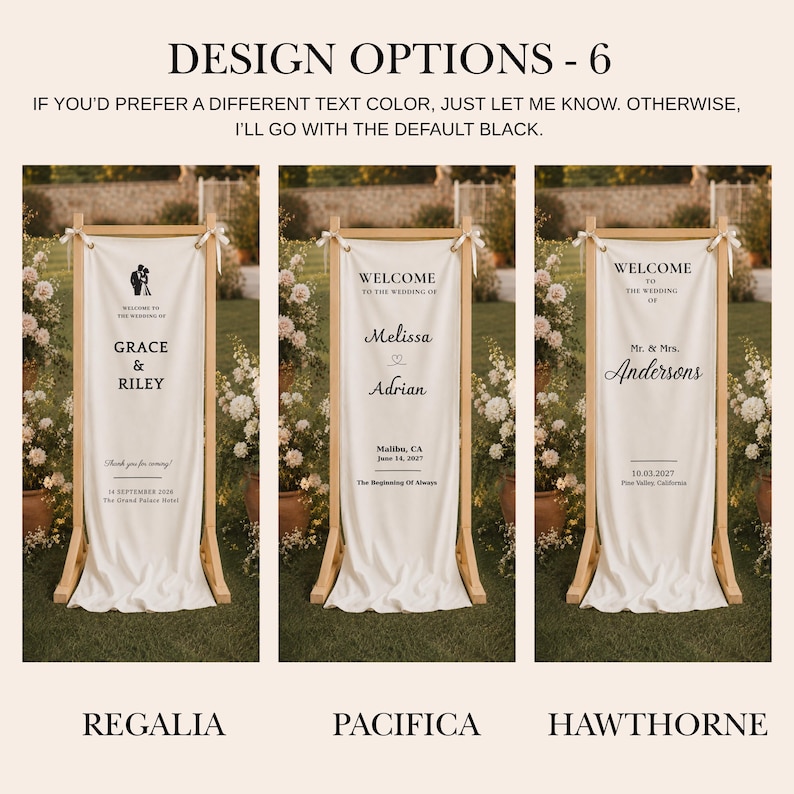 Luxury outdoor wedding sign with personalized fabric banner and wood frame, elegant floral ceremony backdrop decor