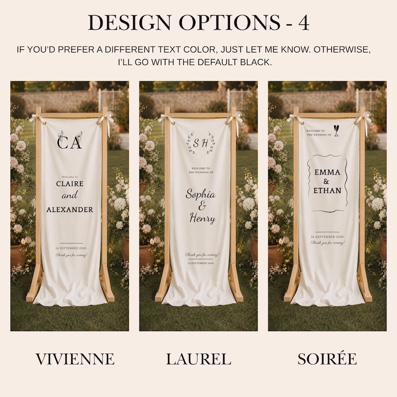 Neutral beige wedding welcome fabric sign with wooden easel frame, modern wedding aisle entrance decor idea