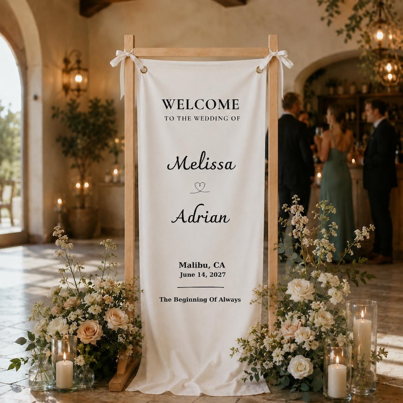 Personalized wedding reception banner on wooden stand, elegant outdoor wedding decor for ceremony entrance display