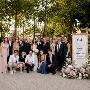 Custom wedding welcome cloth banner with wooden support stand, luxury reception entrance decor for elegant weddings