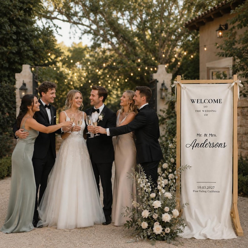 Personalized wedding welcome banner on wooden frame stand, romantic garden wedding entrance decor with custom names and date