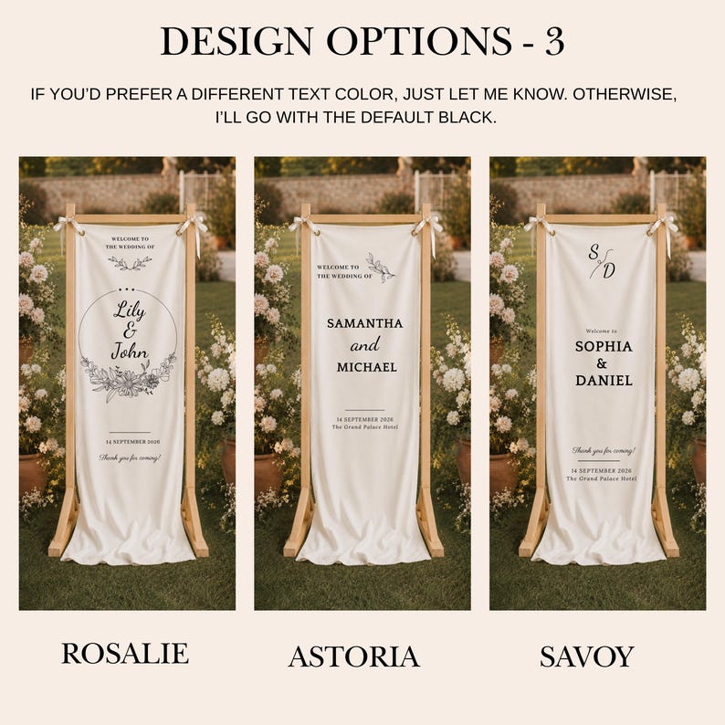 Wedding welcome banner with wooden frame stand, personalized ceremony entrance sign for rustic chic outdoor weddings