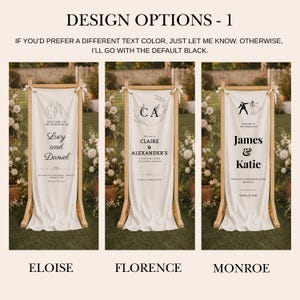 Minimalist wedding welcome sign with fabric hanging banner, luxury outdoor ceremony decor for bride and groom reception