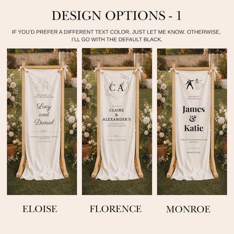 Minimalist wedding welcome sign with fabric hanging banner, luxury outdoor ceremony decor for bride and groom reception