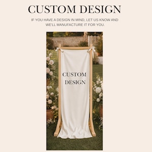 Garden wedding welcome sign with hanging fabric banner, wooden frame reception entrance decor with floral aesthetic