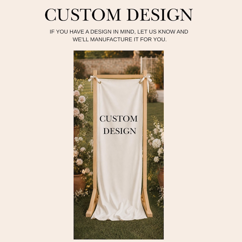 Garden wedding welcome sign with hanging fabric banner, wooden frame reception entrance decor with floral aesthetic