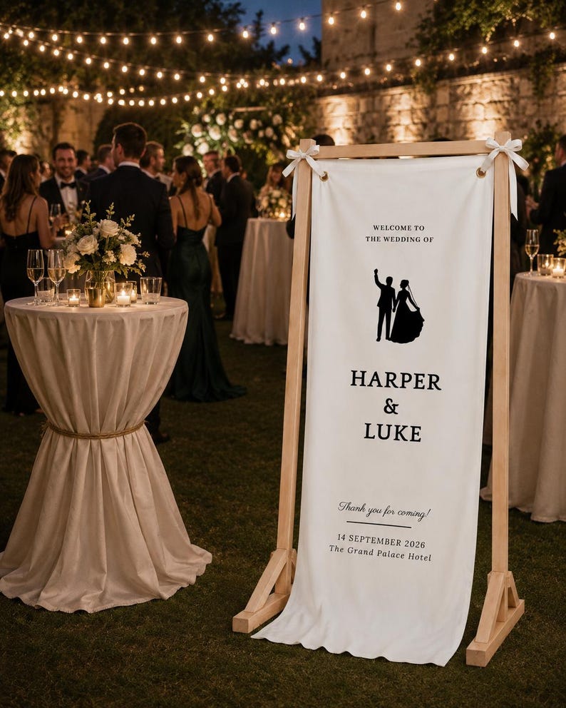 Romantic outdoor wedding decor with personalized wooden welcome stand, fabric banner and floral ceremony entrance