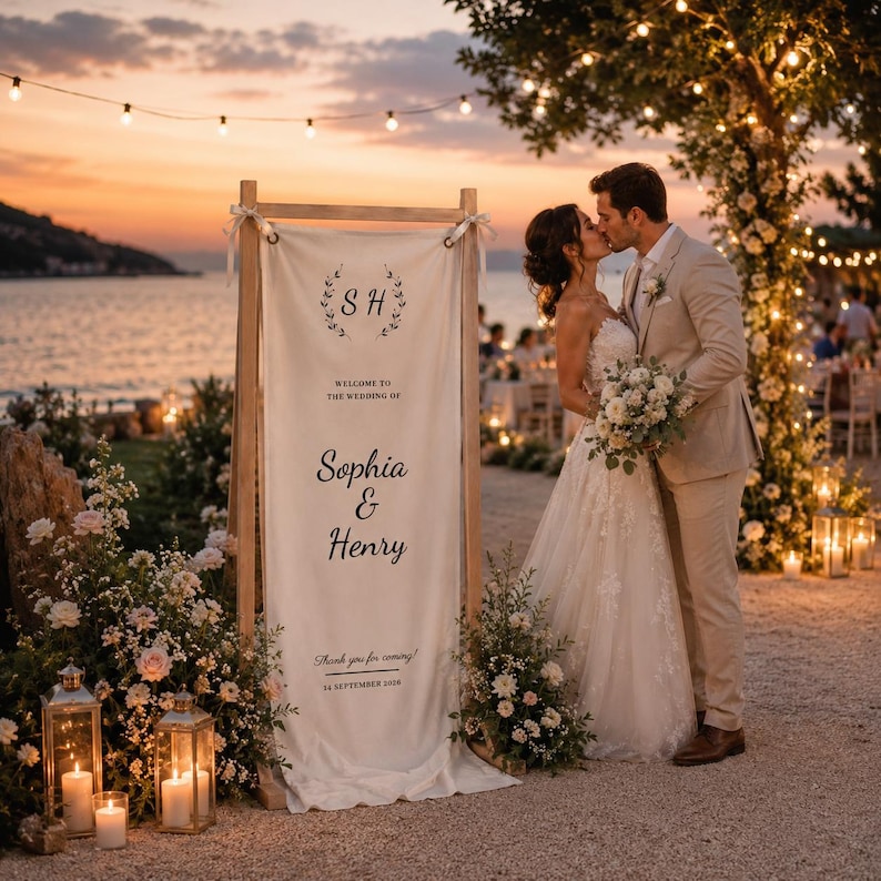 Wedding ceremony welcome banner with minimalist typography, hanging canvas sign on handcrafted wooden frame
