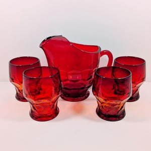 Vintage Viking Georgian Ruby Red Glass Pitcher & Tumbler Set – Mid-Century (5-Piece Set)