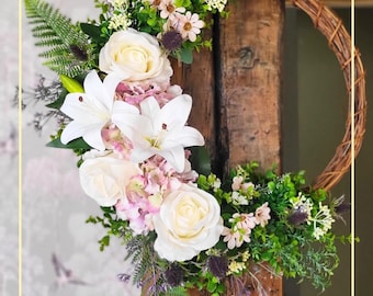 Lily, Rose, and Hydrangea Artificial Floral Half Wreath Door Hanger Decor