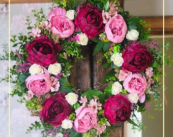 Lilac and Burgundy Peonies, and Mini Roses Artificial Floral Wreath Door Hanger Decor