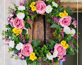 Peony, Pansy and Morning Glory Artificial Floral Wreath Door Hanger Decor