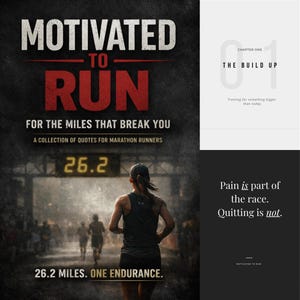 Może przedstawiać: Okładka książki z tytułem "MOTIVATED TO RUN" w białym i czerwonym tekście. Okładka przedstawia maratończyka i tekst "FOR THE MILES THAT BREAK YOU". Dodatkowe panele pokazują motywacyjne cytaty o bieganiu.