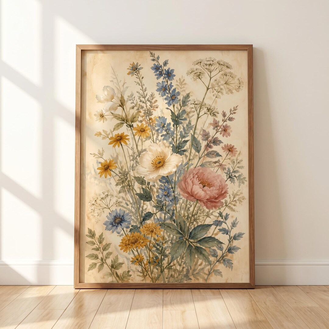 Vintage Wildflower Bouquet Print, Cottagecore Floral Wall Art (digital ...