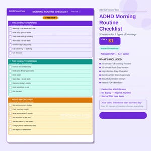 Puede incluir: Una lista de verificación imprimible de rutina matutina para el TDAH con tres versiones: 20 minutos, 10 minutos y preparación nocturna. La lista incluye indicaciones y está disponible como descarga instantánea en PDF. El diseño es morado y blanco.