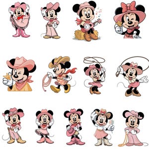 May include: A collection of cartoon images of Minnie Mouse dressed in various cowgirl outfits. Each image features Minnie in a pink or tan cowboy hat, boots, and accessories, with different poses and props like a guitar, lasso, and sheriff's badge.
