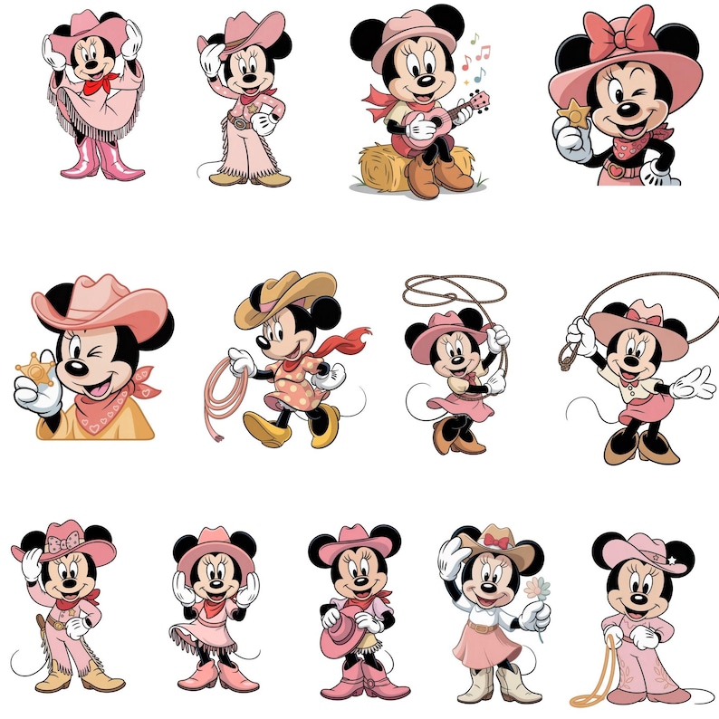 May include: A collection of cartoon images of Minnie Mouse dressed in various cowgirl outfits. Each image features Minnie in a pink or tan cowboy hat, boots, and accessories, with different poses and props like a guitar, lasso, and sheriff's badge.