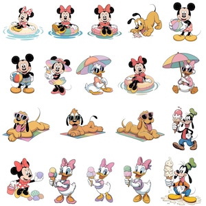 May include: A collection of cartoon characters, including Mickey and Minnie Mouse, Pluto, Donald and Daisy Duck, and Goofy, enjoying summer activities. The characters are depicted with beach balls, ice cream, and sunglasses.