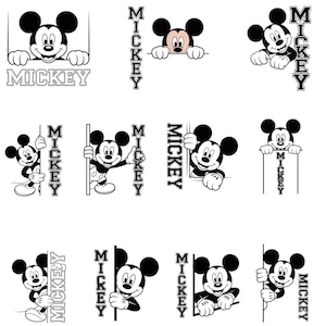 May include: A collection of black and white Mickey Mouse illustrations. Mickey is shown peeking over or holding signs with the name "Mickey" in various poses. The designs are suitable for various craft projects.