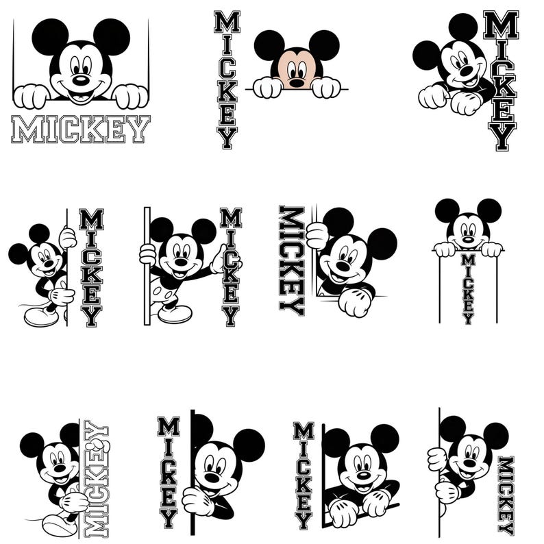 May include: A collection of black and white Mickey Mouse illustrations. Mickey is shown peeking over or holding signs with the name "Mickey" in various poses. The designs are suitable for various craft projects.