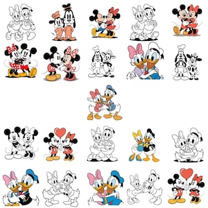 以下が含まれることがあります： ミッキーマウス、ミニーマウス、ドナルドダック、デイジーダック、グーフィー、プルートが登場する漫画のキャラクターイラストのコレクション。画像は、さまざまなポーズのキャラクターを示しており、一部はカラーで、一部は白黒です。