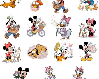 Mickey Minnie Spring PNG Bundle, Floral Garden Cartoon Clipart, Daisy Duck Flower PNG Set