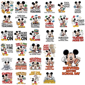 May include: A selection of Mickey Mouse stickers with teaching-related slogans. Mickey Mouse is depicted with books, coffee, and paper stacks. Phrases include "Teacher Mode On" and "Grading Never Ends." The stickers are colourful and fun.