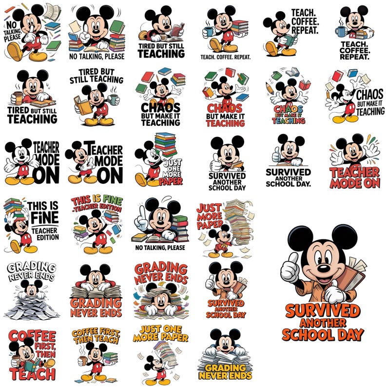 May include: A selection of Mickey Mouse stickers with teaching-related slogans. Mickey Mouse is depicted with books, coffee, and paper stacks. Phrases include "Teacher Mode On" and "Grading Never Ends." The stickers are colourful and fun.