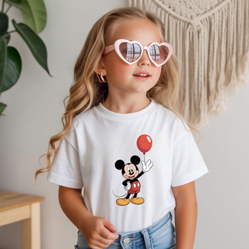May include: White t-shirt featuring a cartoon Mickey Mouse holding a red balloon. The character is in his classic outfit with black ears, red shorts, and yellow shoes. The child is wearing heart-shaped sunglasses.
