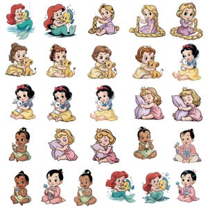 May include: A collection of cartoon illustrations featuring various Disney princesses. Each princess is depicted in a unique pose, some holding animals or objects, with a consistent cartoon style and vibrant colors.