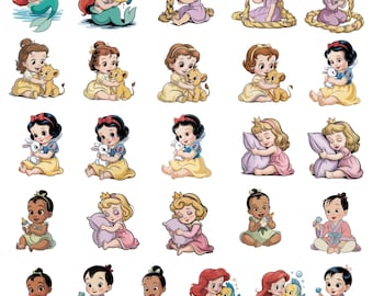 Op de afbeelding: Een verzameling cartoon illustraties met verschillende Disney prinsessen. Elke prinses wordt afgebeeld in een unieke pose, sommigen houden dieren of objecten vast, met een consistente cartoonstijl en levendige kleuren.