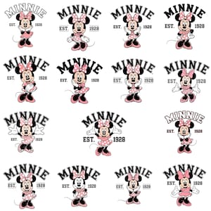 Może przedstawiać: Kolekcja grafik z Minnie Mouse. Każda grafika przedstawia Minnie Mouse w r&oacute;żowej sukience i kokardzie, ze słowem "MINNIE" u g&oacute;ry i "EST. 1928" u dołu w czcionce w kształcie łuku. Obrazy są na białym tle.