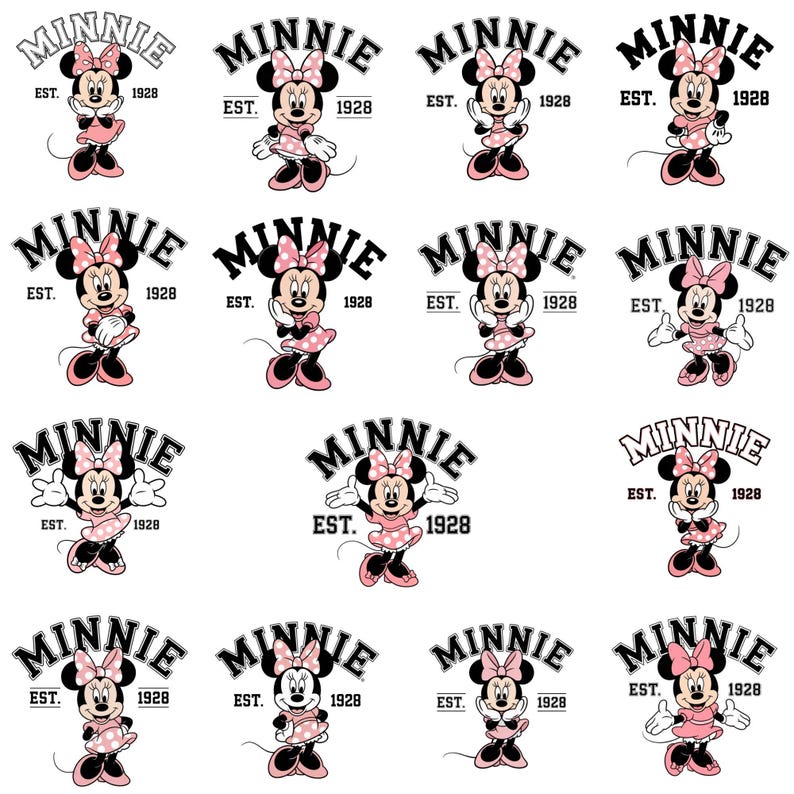Może przedstawiać: Kolekcja grafik z Minnie Mouse. Każda grafika przedstawia Minnie Mouse w r&oacute;żowej sukience i kokardzie, ze słowem "MINNIE" u g&oacute;ry i "EST. 1928" u dołu w czcionce w kształcie łuku. Obrazy są na białym tle.