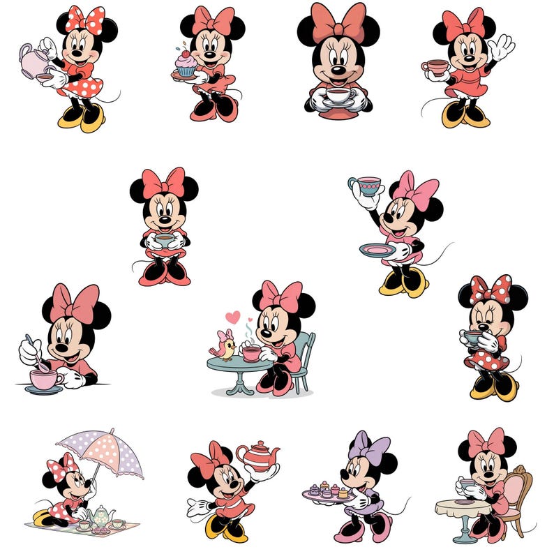 Puede incluir: Una colecci&oacute;n de ilustraciones de dibujos animados de Minnie Mouse en varias poses. Minnie lleva un vestido rojo con lunares blancos y sostiene tazas de t&eacute;, teteras y pasteles. Tiene un gran lazo rosa en la cabeza y zapatos amarillos.