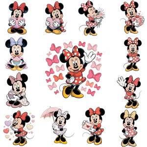 Op de afbeelding: Een verzameling cartoonafbeeldingen van Minnie Mouse in verschillende poses. Minnie draagt haar kenmerkende polkadotjurk en strik, en houdt items vast zoals een hart, bloemen, een cadeau en een cupcake. De afbeeldingen zijn in een kleurrijke cartoonstijl.
