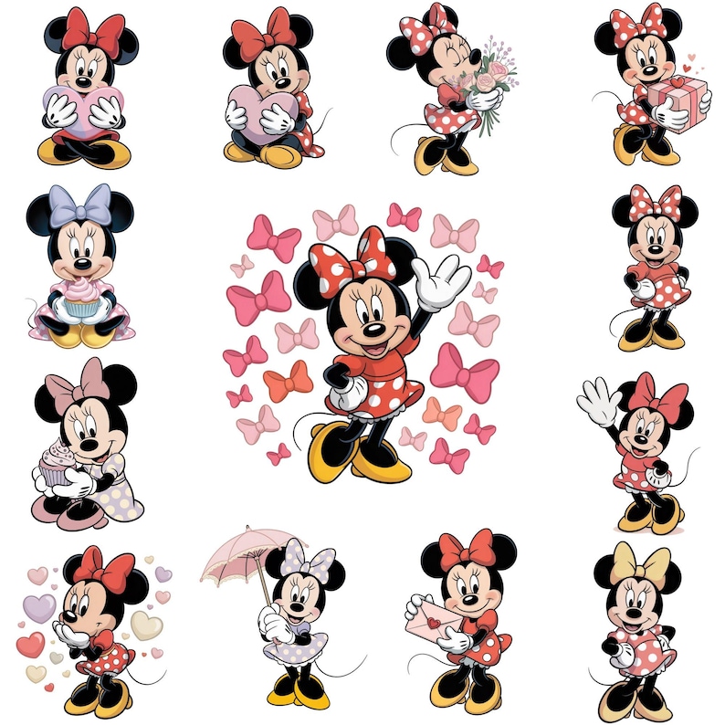 Op de afbeelding: Een verzameling cartoonafbeeldingen van Minnie Mouse in verschillende poses. Minnie draagt haar kenmerkende polkadotjurk en strik, en houdt items vast zoals een hart, bloemen, een cadeau en een cupcake. De afbeeldingen zijn in een kleurrijke cartoonstijl.