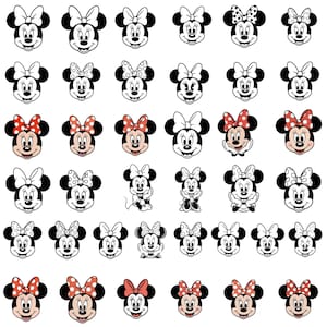 May include: A collection of Minnie Mouse face illustrations. The images feature Minnie's iconic black silhouette with various bow designs, including polka dots and solid colors. Some images are in color, showcasing her red bow.