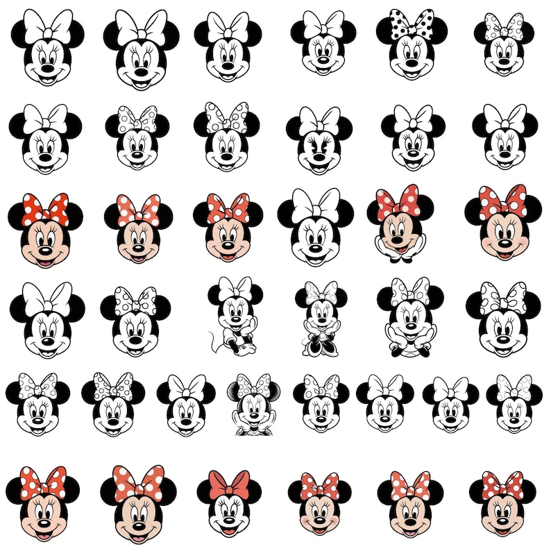 May include: A collection of Minnie Mouse face illustrations. The images feature Minnie's iconic black silhouette with various bow designs, including polka dots and solid colors. Some images are in color, showcasing her red bow.