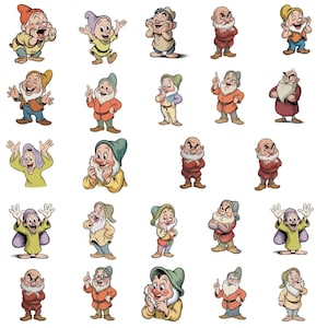 Puede incluir: Una colección de 21 ilustraciones de dibujos animados de los Siete Enanitos de Blancanieves. Cada enanito se representa en una pose y expresión únicas, vistiendo sus trajes característicos. Los personajes están sobre un fondo blanco.