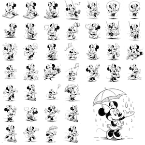 Puede incluir: Ilustraciones en blanco y negro de Minnie Mouse en varias poses. Se la muestra escribiendo, columpi&aacute;ndose, volando una cometa y montando un scooter. Una imagen muestra a Minnie Mouse con un paraguas bajo la lluvia.