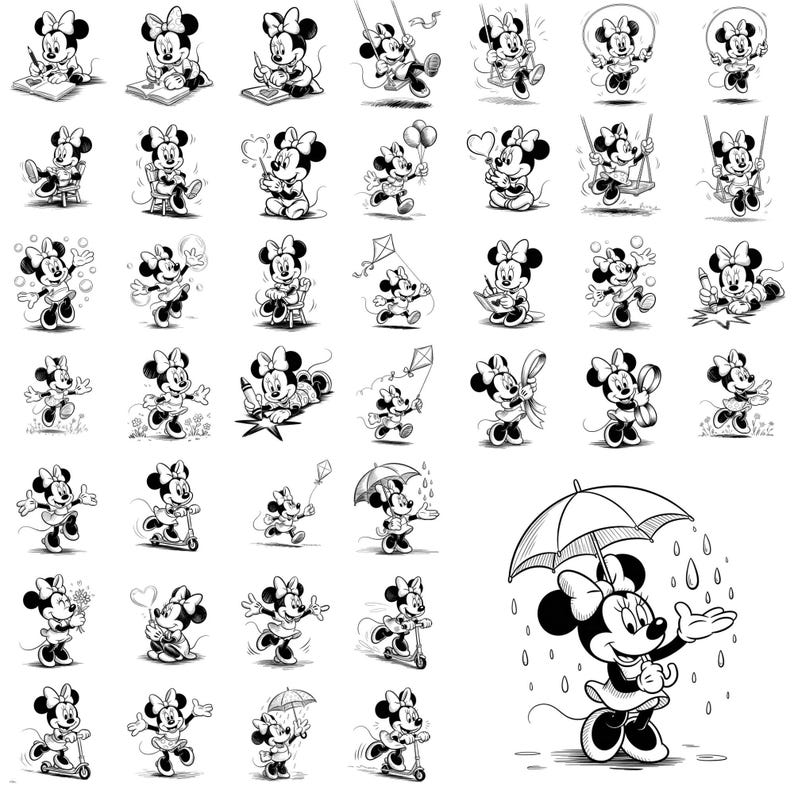 Puede incluir: Ilustraciones en blanco y negro de Minnie Mouse en varias poses. Se la muestra escribiendo, columpi&aacute;ndose, volando una cometa y montando un scooter. Una imagen muestra a Minnie Mouse con un paraguas bajo la lluvia.