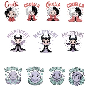 以下が含まれることがあります： クルエラ、マレフィセント、アースラを描いた漫画のイラスト。各キャラクターは、名前が上に書かれたチビ スタイルで描かれています。クルエラは赤いコート、マレフィセントは黒いガウン、アースラは触手を持っています。